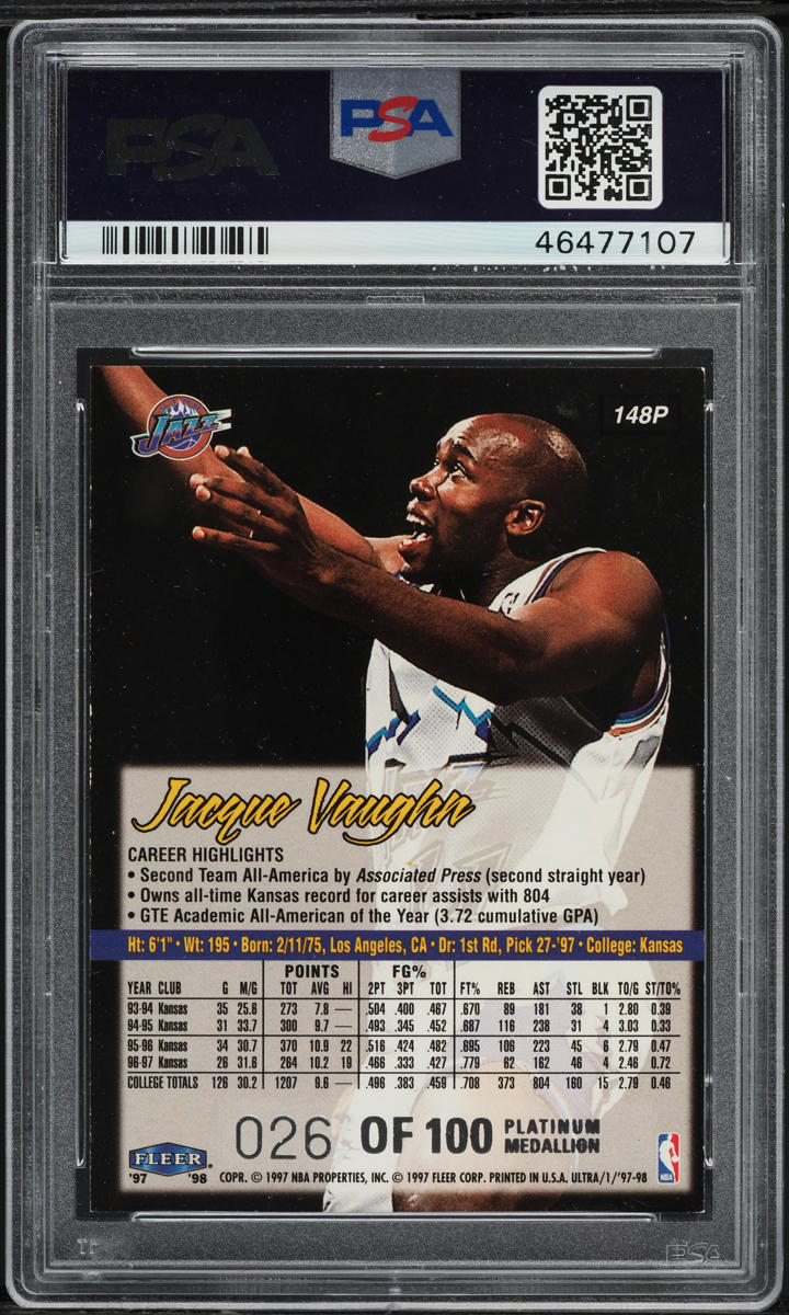 1997 Ultra Platinum Medallion Jacque Vaughn ROOKIE /100 #148P PSA 7 NRMT