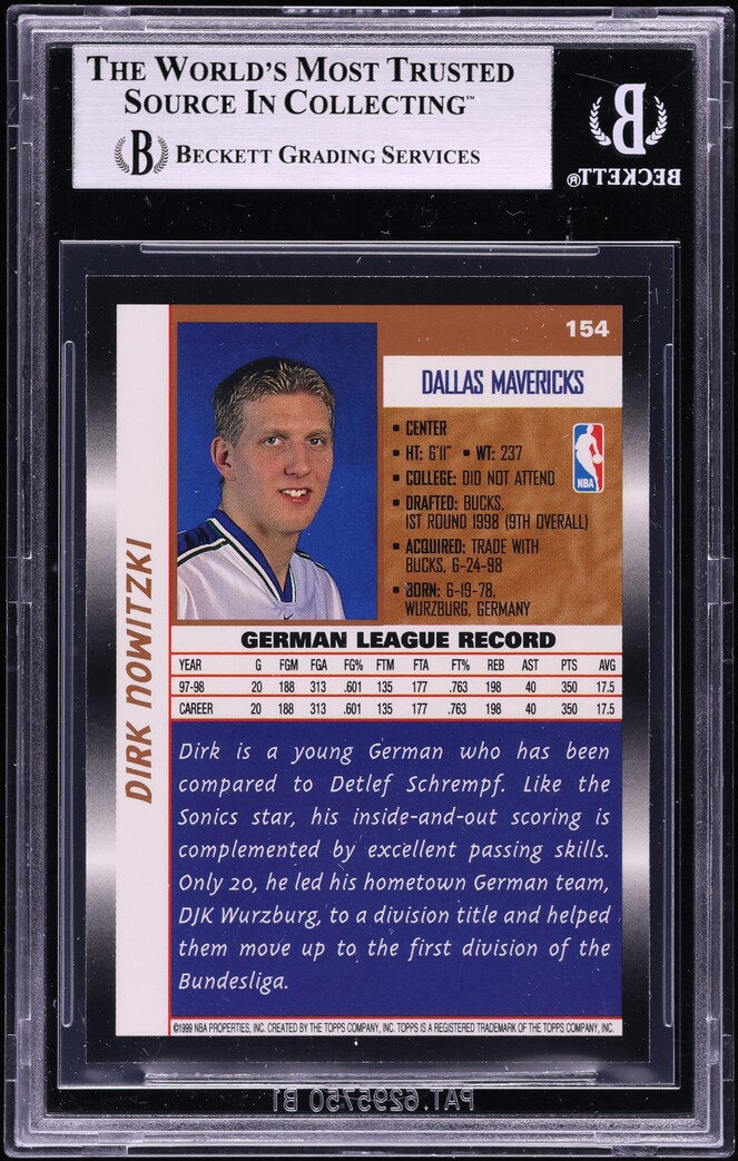 1998 Topps Basketball Dirk Nowitzki ROOKIE #154 BGS 9 MINT