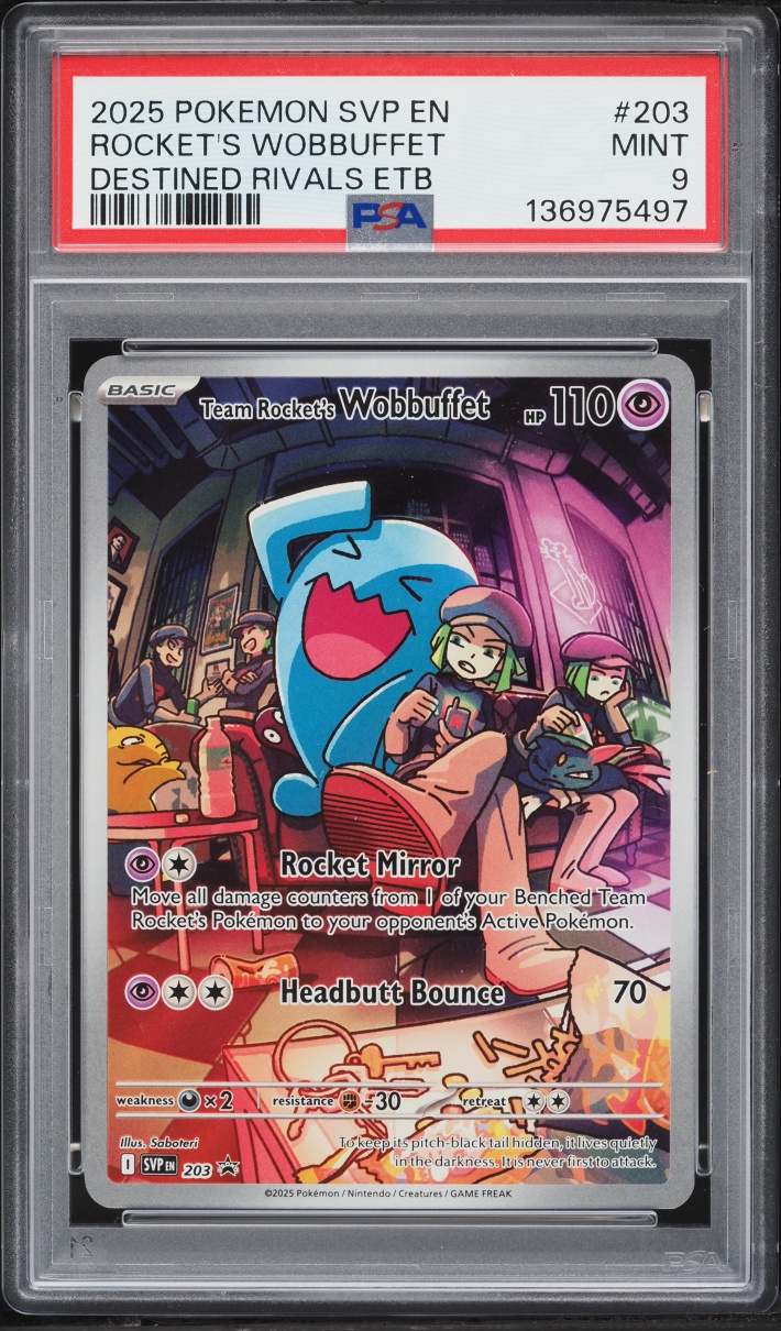 2025 Pokemon SV Promo Destined Rivals ETB Full Art Team Rocket's Wobbuffet #203 PSA 9 MINT
