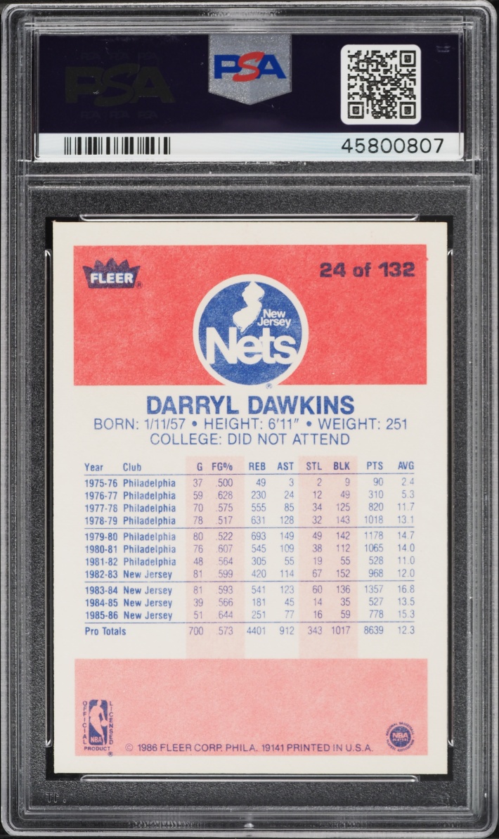 1986 Fleer Basketball Darryl Dawkins #24 PSA 9 MINT