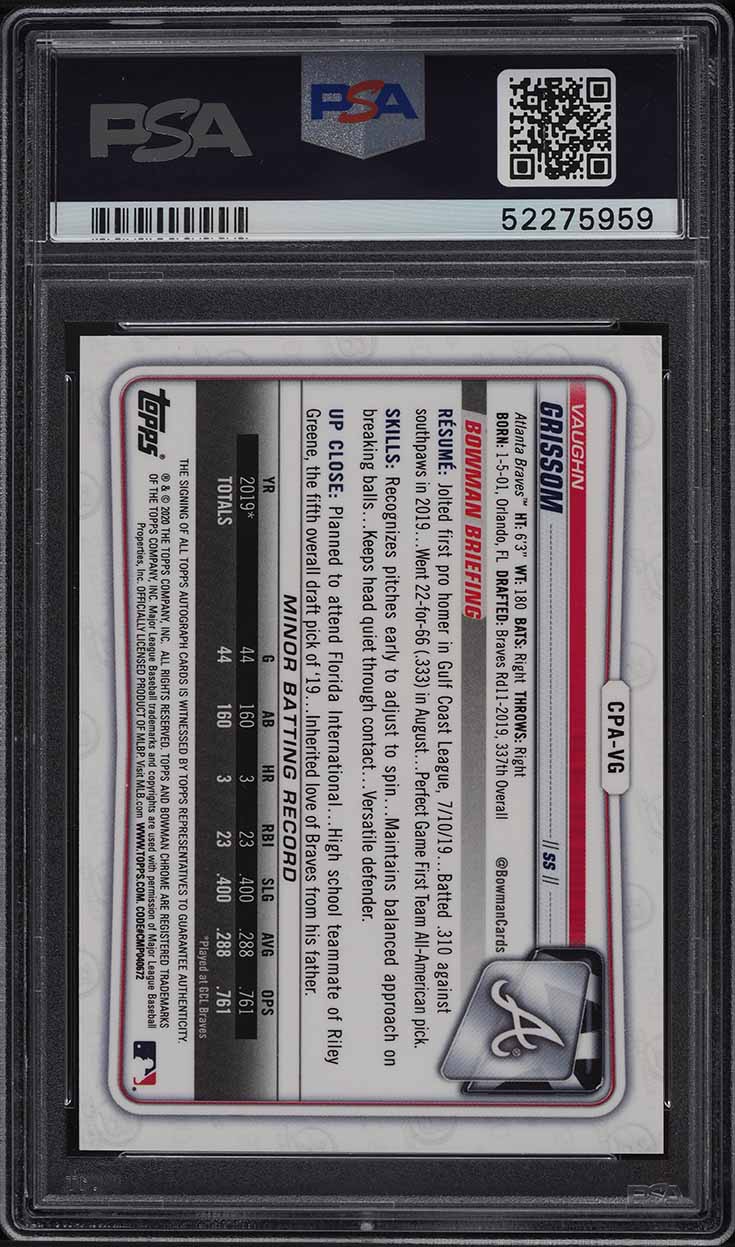 2020 Bowman Chrome Vaughn Grissom PROSPECT AUTO #CPA-VG PSA 10 GEM MINT