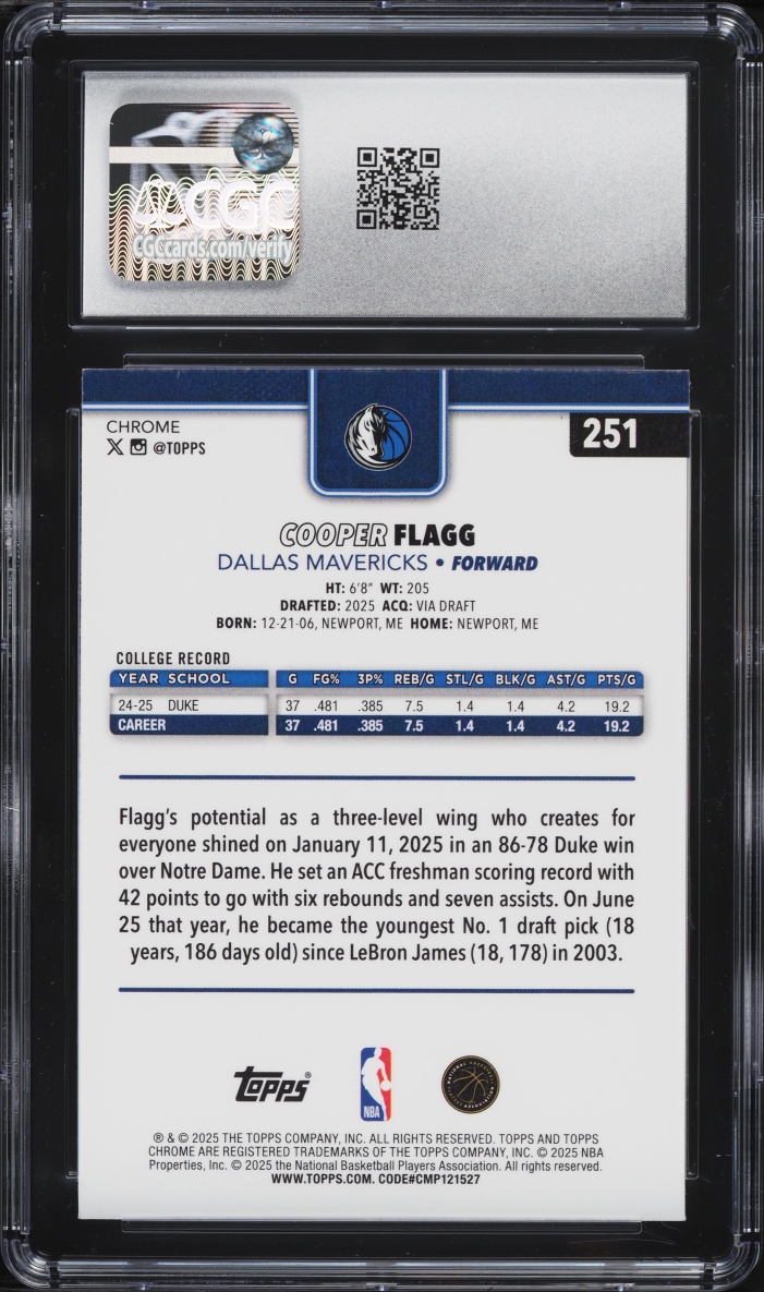 2025 Topps Chrome Cooper Flagg ROOKIE #251 CGC 7.5 NRMT+