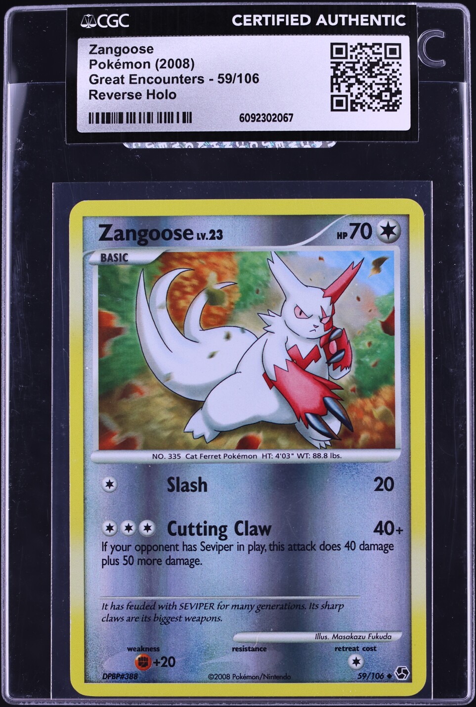 2008 Pokemon Diamond & Pearl Great Encounters Reverse Holo Zangoose #59 CGC AUTH