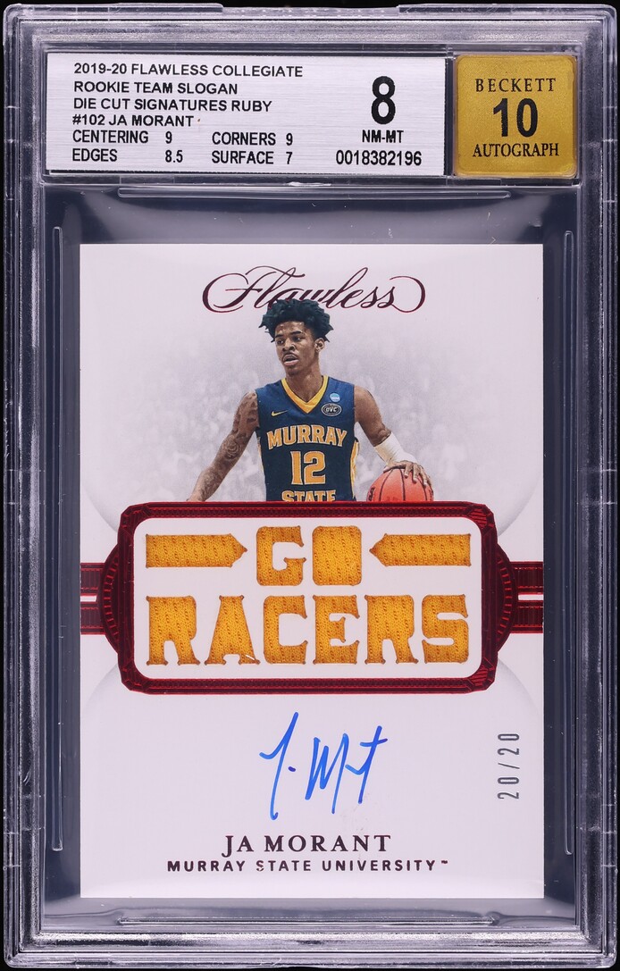 2019 Panini Flawless Collegiate Ruby Ja Morant ROOKIE PATCH AUTO 20/20 #102 BGS 8 NM-MT