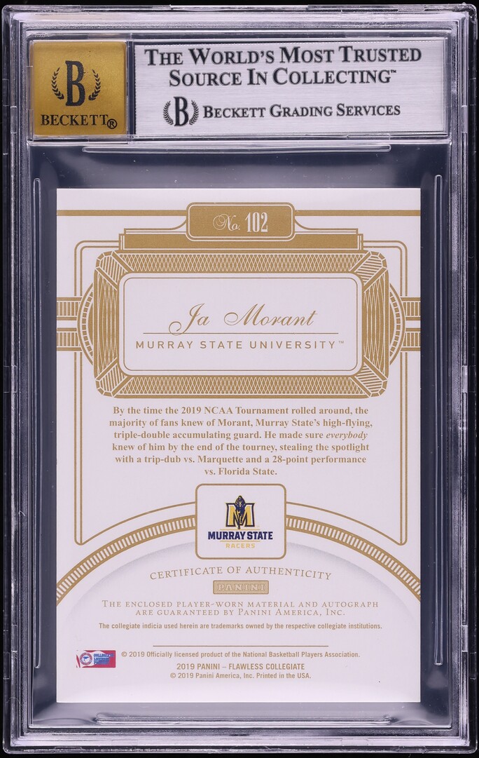 2019 Panini Flawless Collegiate Ruby Ja Morant ROOKIE PATCH AUTO 20/20 #102 BGS 8 NM-MT