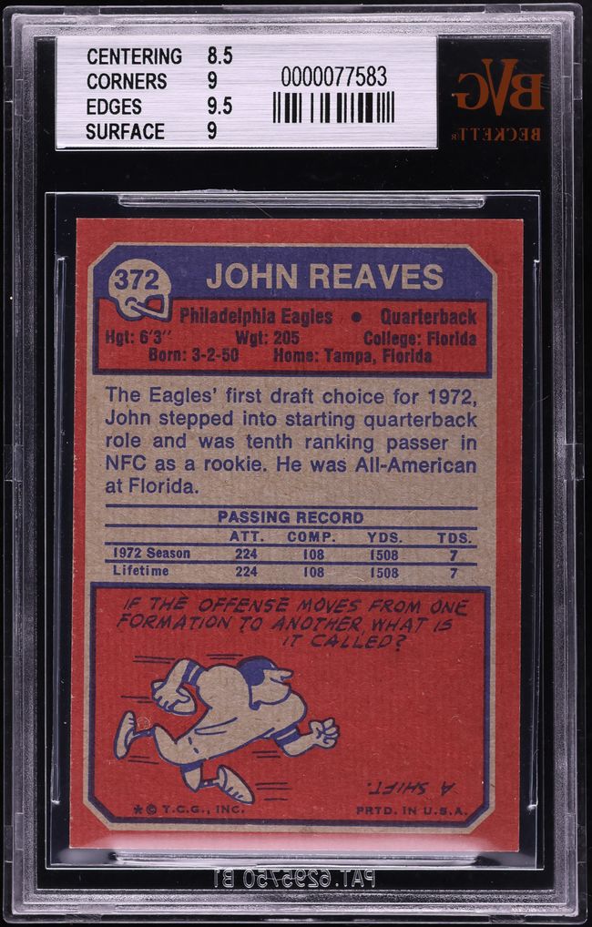 1973 Topps Football John Reaves ROOKIE #372 BVG 9 MINT