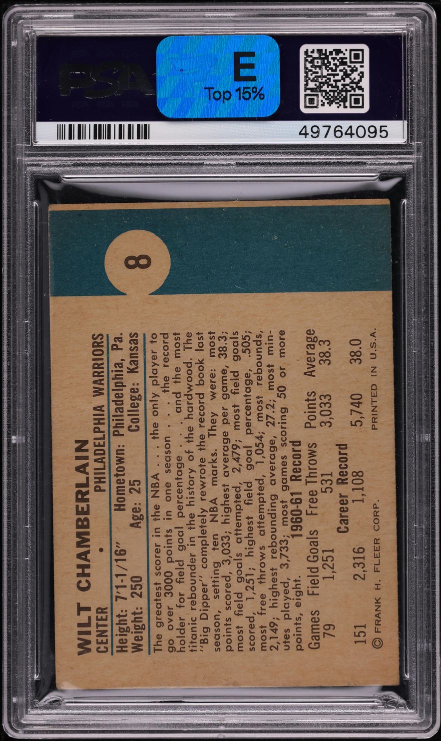 1961 Fleer Basketball Wilt Chamberlain ROOKIE #8 PSA 1.5 PR