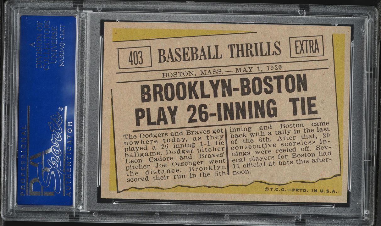 1961 Topps Brooklyn & Boston Play 26 Inning Tie #403 PSA 8 NM-MT