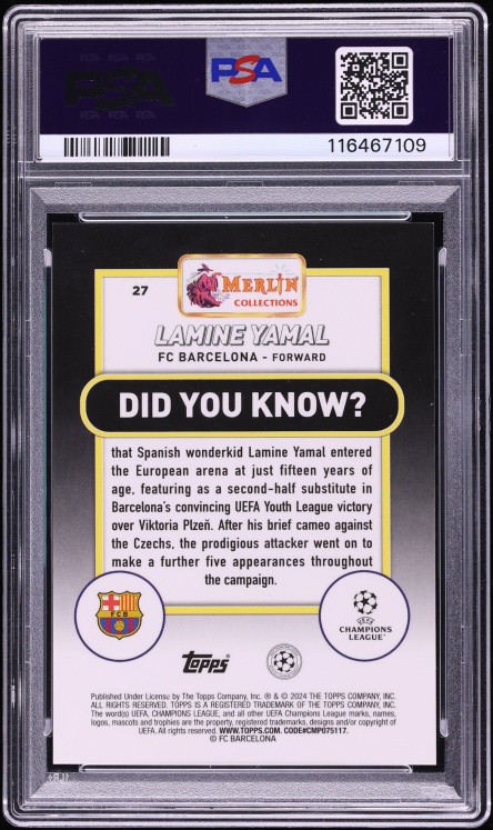 2023 Topps Merlin UEFA Club Competitions Gold Atomic Lamine Yamal ROOKIE /50 #27 PSA 9 MINT - Photo 2