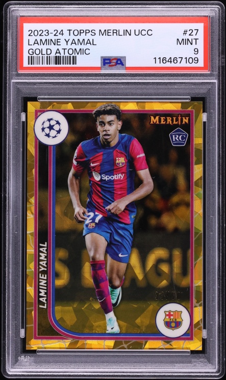 2023 Topps Merlin UEFA Club Competitions Gold Atomic Lamine Yamal ROOKIE /50 #27 PSA 9 MINT