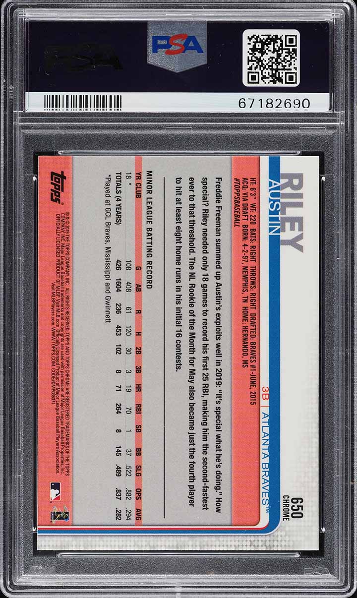 2019 Topps Chrome Sapphire Austin Riley ROOKIE #650 PSA 10 GEM MINT