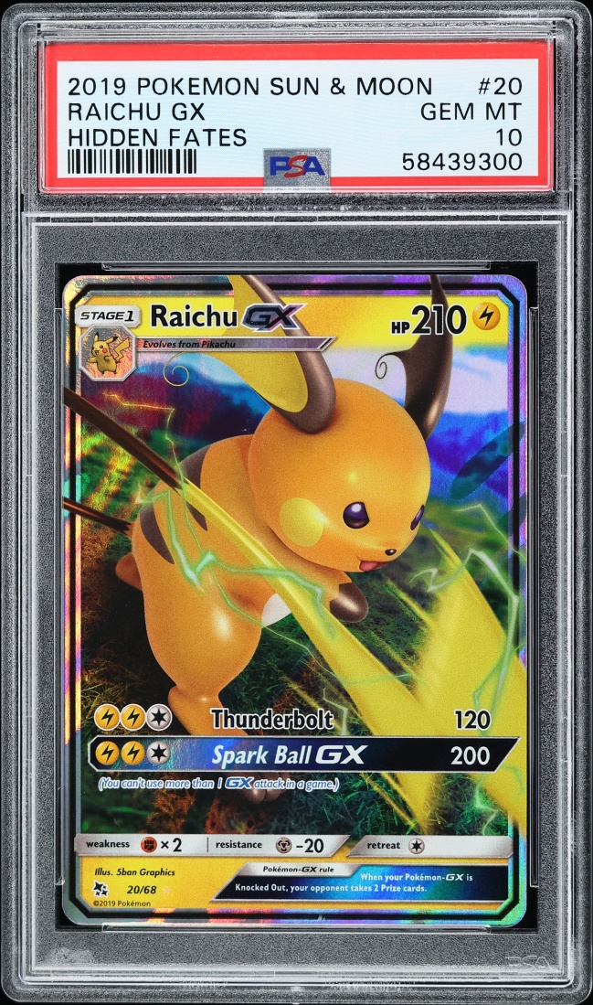 2019 Pokemon Sun & Moon Hidden Fates Raichu GX #20 PSA 10 GEM MINT