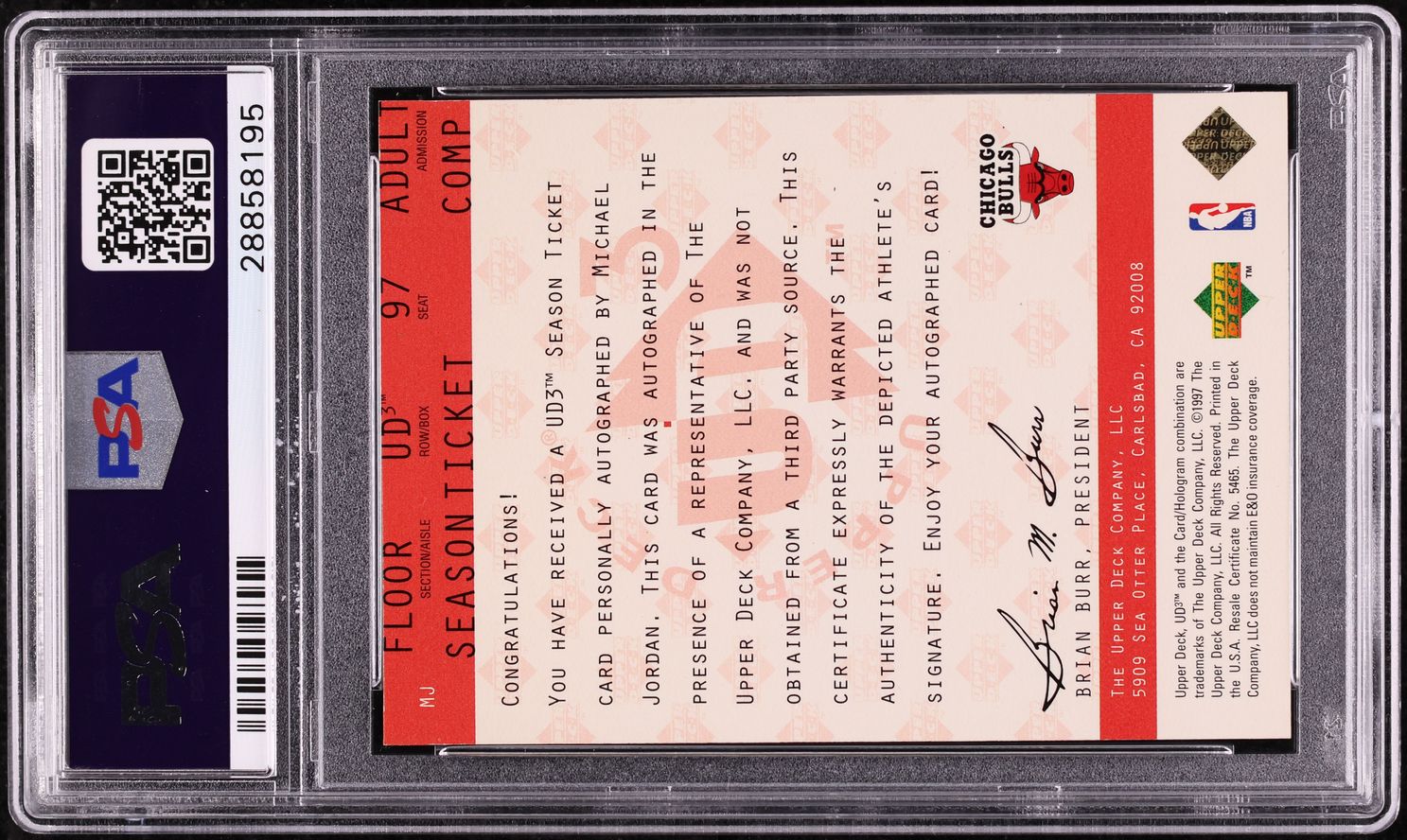 1997 UD3 Season Ticket Michael Jordan AUTO DNA 10 #MJ PSA 9 MINT