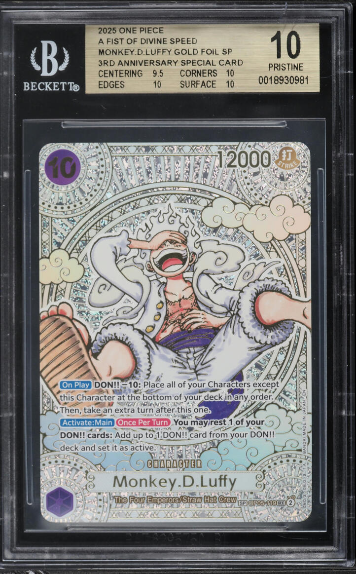 2025 One Piece A Fist Of Divine Speed Gold Foil SP Monkey D. Luffy #OP05-119 BGS 10 PRISTINE