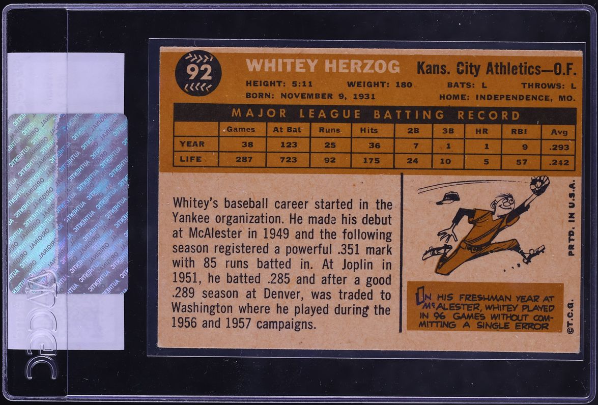 1960 Topps Whitey Herzog #92 CGC AUTH