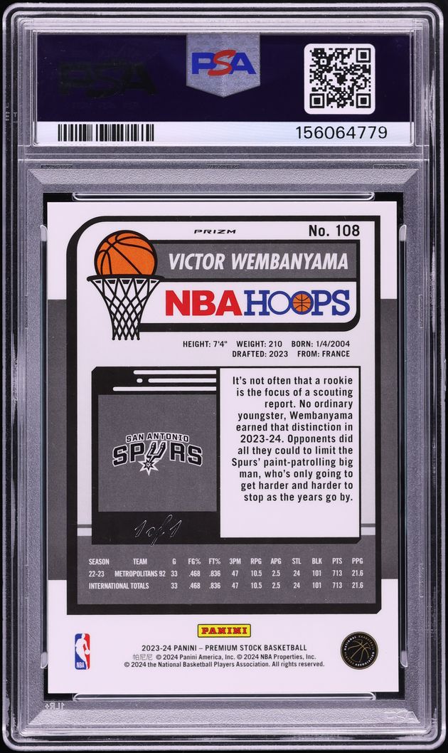 2023 Hoops Premium Stock Black Disco Prizm Victor Wembanyama ROOKIE 1/1 #108 PSA 9 MINT