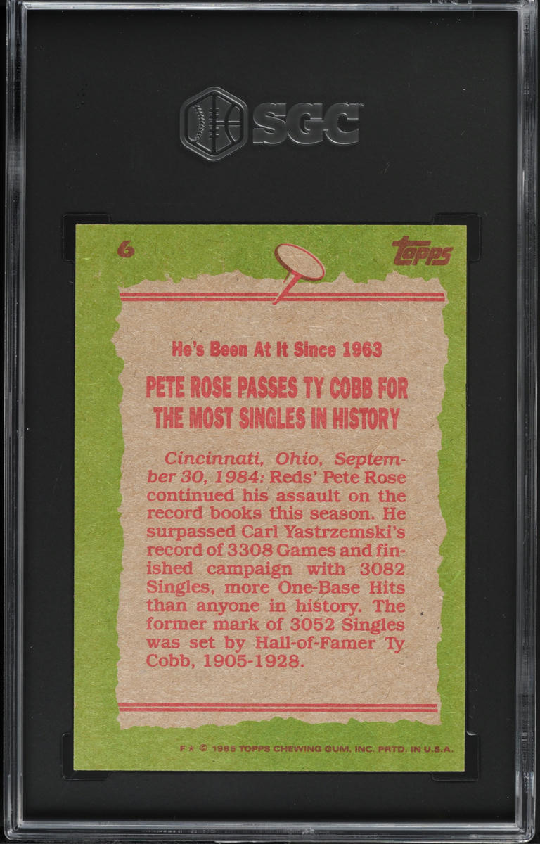 1985 Topps Pete Rose RECORD BREAKER #6 SGC 8 NM-MT