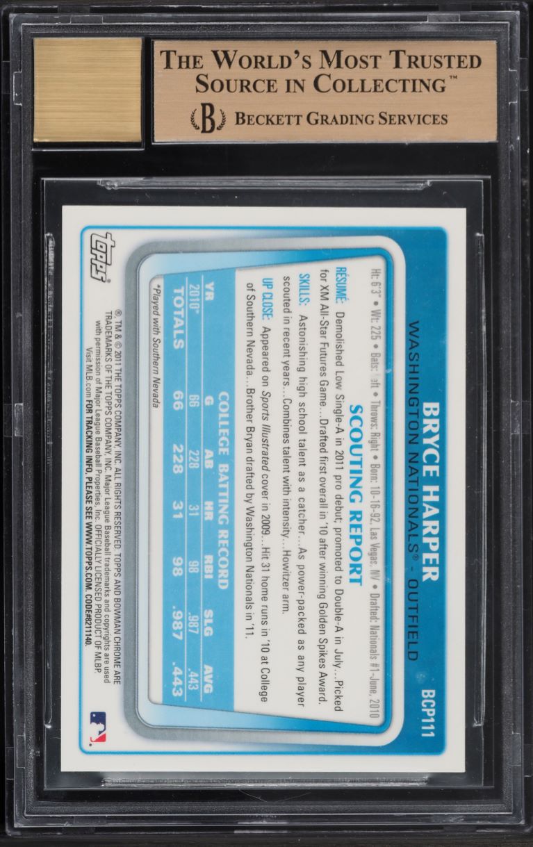 2011 Bowman Chrome Bryce Harper PROSPECT AUTO #BCP111 BGS 9.5 GEM MINT