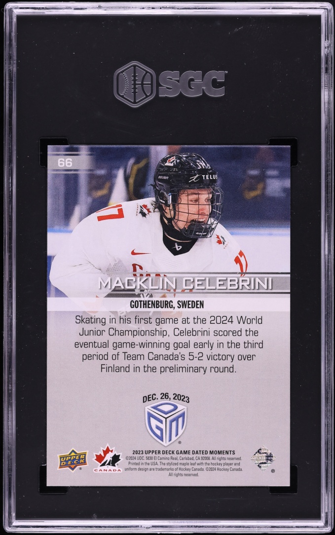 2023 Upper Deck Game Dated Moments Macklin Celebrini ROOKIE #66 SGC 10 GEM MINT