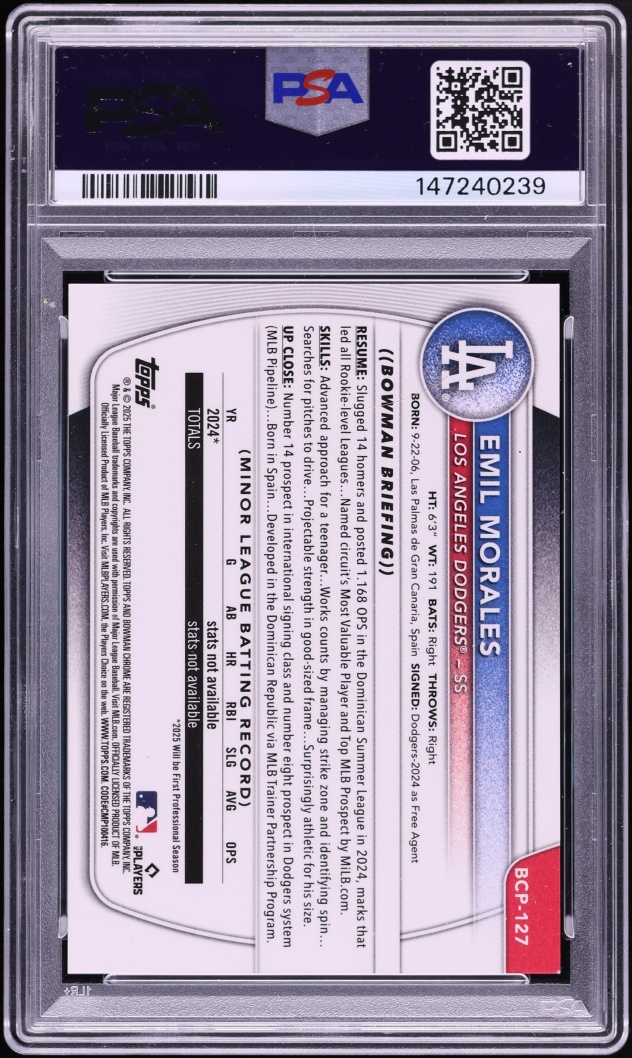 2025 Bowman Chrome Aqua Shimmer Emil Morales PROSPECT /125 #BCP-127 PSA 9 MINT