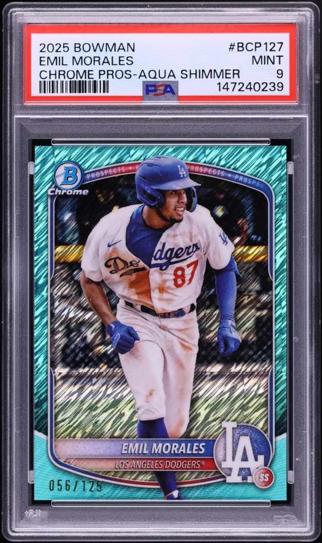 2025 Bowman Chrome Aqua Shimmer Emil Morales PROSPECT /125 #BCP-127 PSA 9 MINT