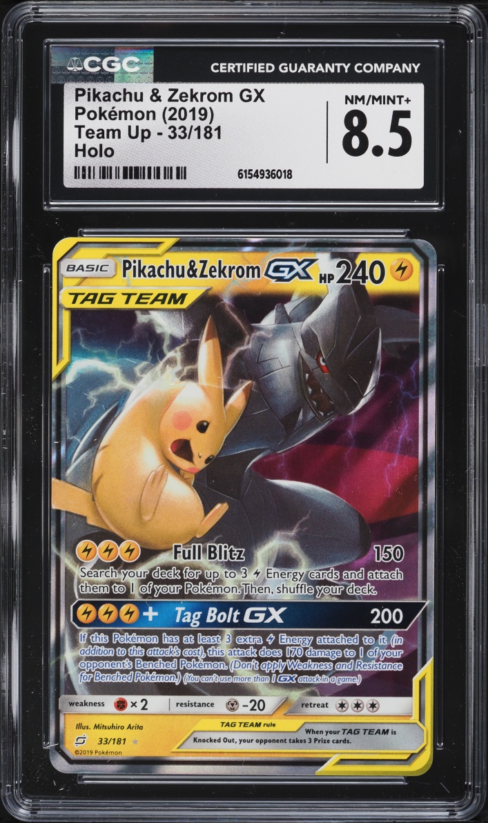 2019 Pokemon Sun & Moon Team Up Holo Pikachu & Zekrom GX #33 CGC 8.5 NM-MT+