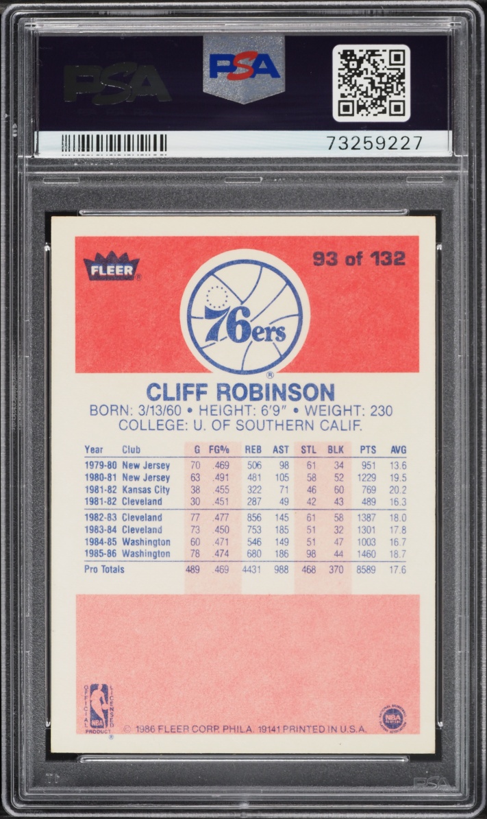 1986 Fleer Basketball Cliff Robinson #93 PSA 9 MINT