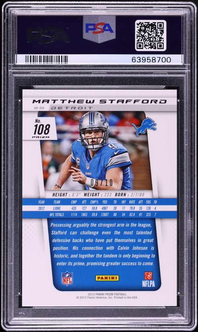 2013 Panini Prizm Gold Matthew Stafford JERSEY # 9/10 #108 PSA 10 GEM MINT - Photo 2