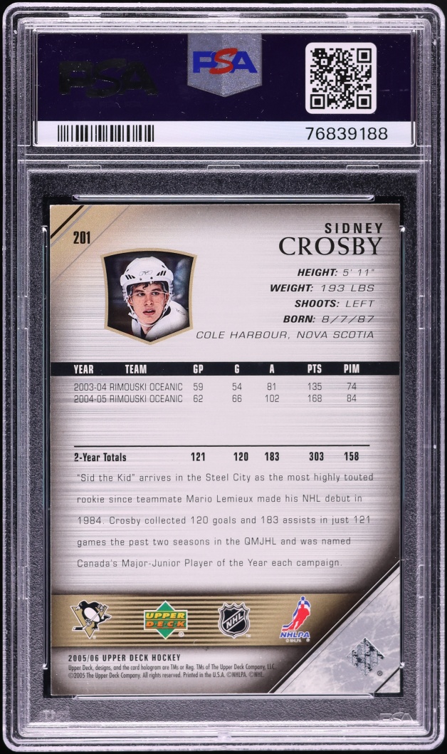 2005 Upper Deck Young Guns Sidney Crosby ROOKIE AUTO DNA 10 #201 PSA 9 MINT