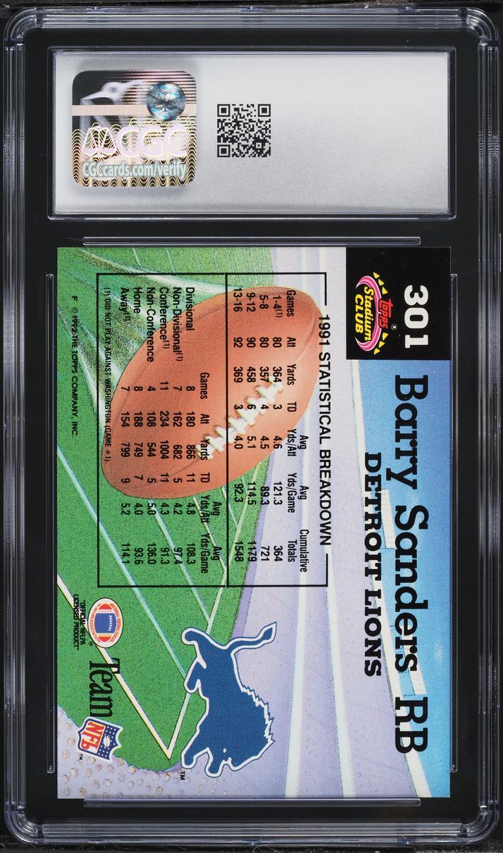1992 Stadium Club Members Choice Barry Sanders #301 CGC 10 GEM MINT