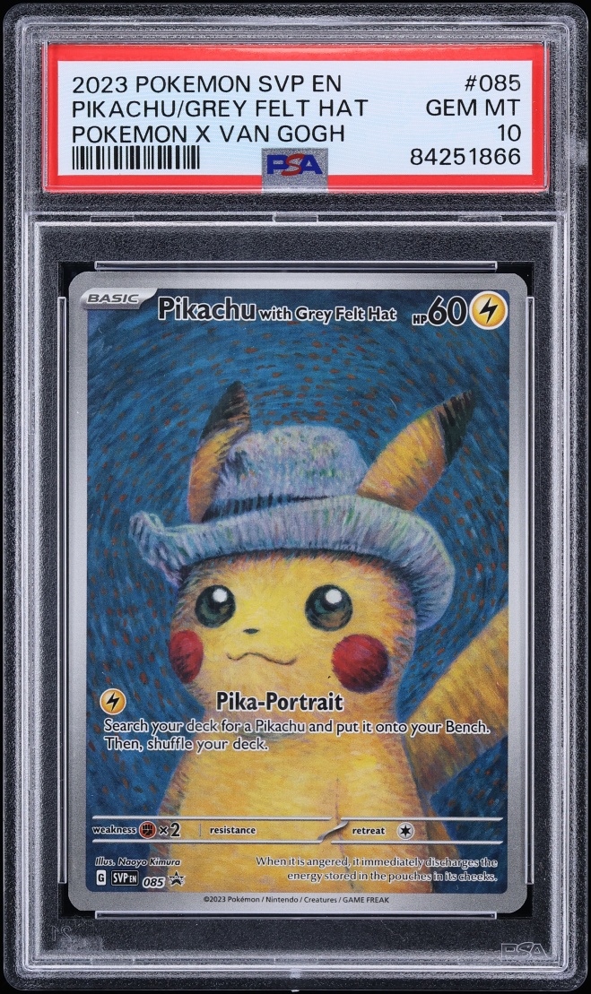 2023 Pokemon Scarlet & Violet Promo Van Gogh Full Art Pikachu Grey Felt Hat #85 PSA 10 GEM MINT