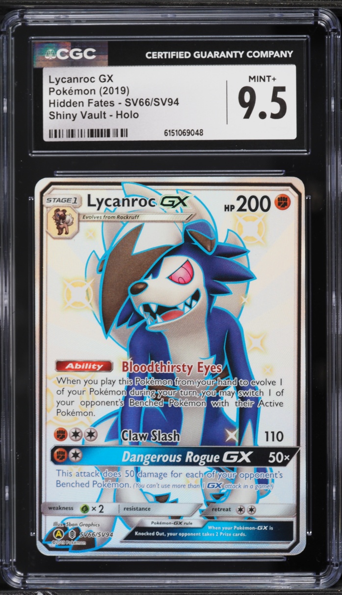 2019 Pokemon Sun & Moon Hidden Fates Full Art Lycanroc GX #SV66 CGC 9.5 MINT+