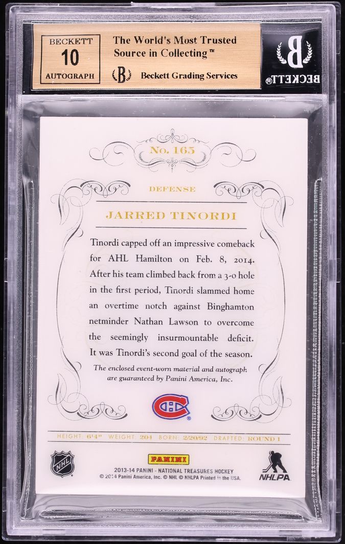 2013 National Treasures Jarred Tinordi ROOKIE PATCH AUTO /99 #165 BGS 9.5 GEM MINT