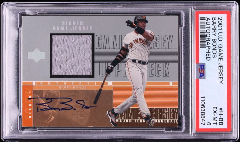 2001 Upper Deck Barry Bonds GAME-USED PATCH AUTO #H-BB PSA 6 EXMT