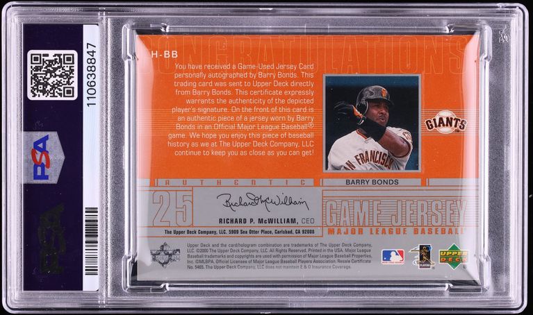 2001 Upper Deck Barry Bonds GAME-USED PATCH AUTO #H-BB PSA 6 EXMT