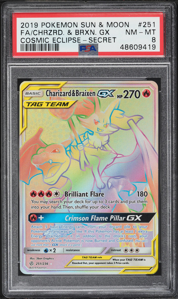 2019 Pokemon Sun & Moon Cosmic Eclipse Rainbow Rare Charizard & Braixen GX #251 PSA 8 NM-MT