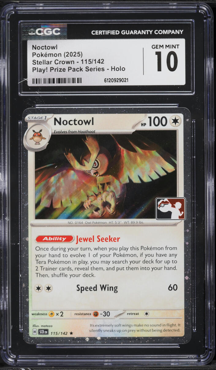2025 Pokemon Stellar Crown Play Prize Pack Series Holo Noctowl #115 CGC 10 GEM MINT