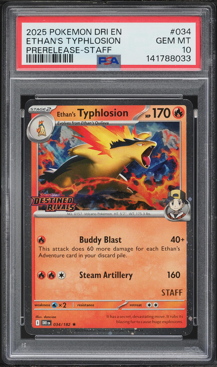 2025 Pokemon SV Destined Rivals Prerelease Staff Ethan's Typhlosion #34 PSA 10 GEM MINT