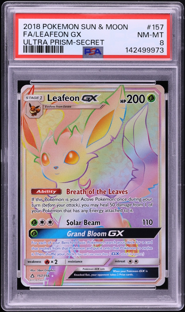 2018 Pokemon Sun & Moon Ultra Prism Rainbow Rare Leafeon GX #157 PSA 8 NM-MT