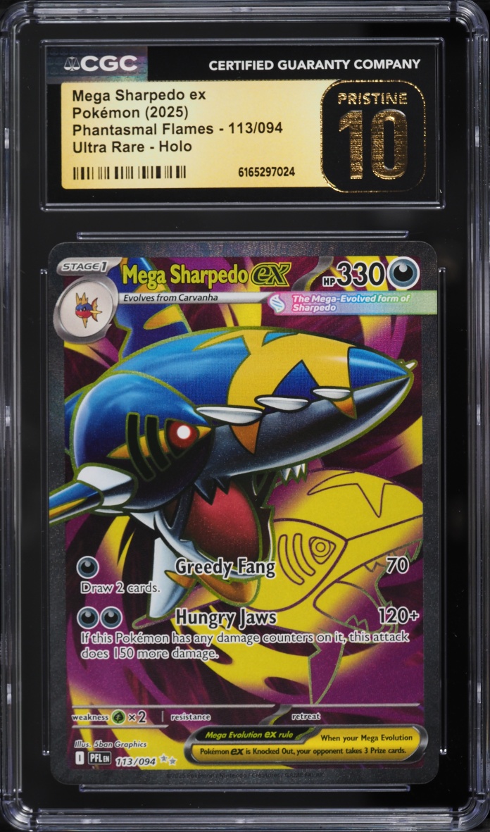 2025 Pokemon Mega Evolution Phantasmal Flames Full Art Mega Sharpedo Ex #113 CGC 10 PRISTINE