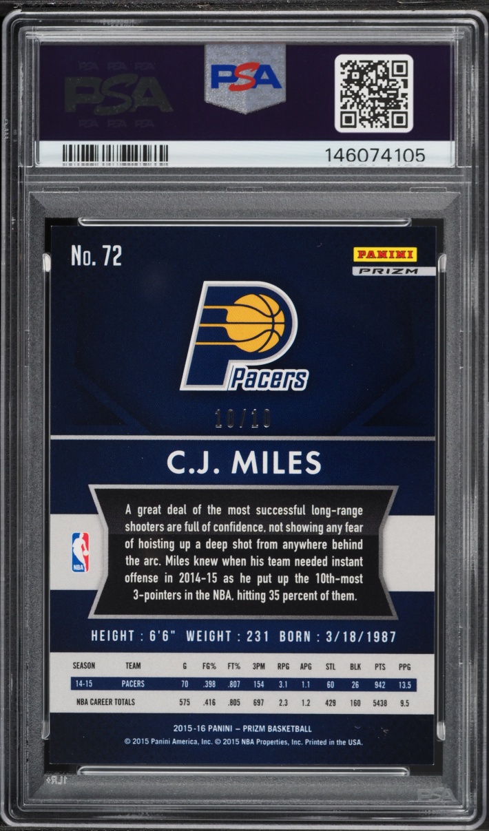 2015 Panini Prizm Gold C.J. Miles 10/10 #72 PSA 8 NM-MT