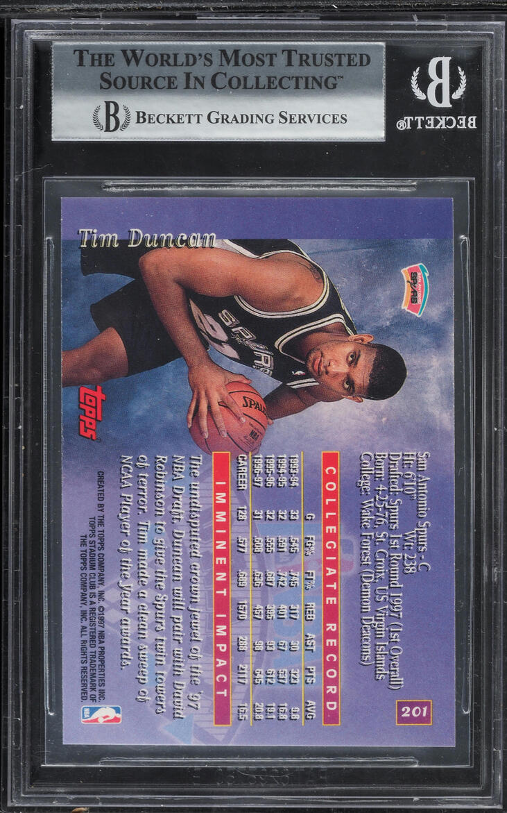 1997 Stadium Club Basketball Tim Duncan ROOKIE #201 BGS 9 MINT
