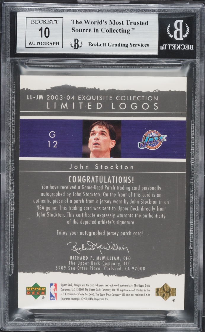 2003 Exquisite Collection Limited Logos John Stockton PATCH AUTO /75 #LL-JM BGS 8.5 NM-MT+