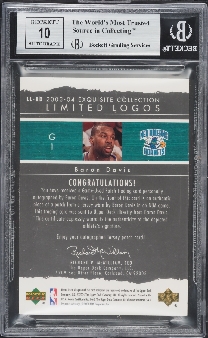 2003 Exquisite Collection Limited Logos Baron Davis PATCH AUTO /75 #LL-BD BGS 8.5 NM-MT+