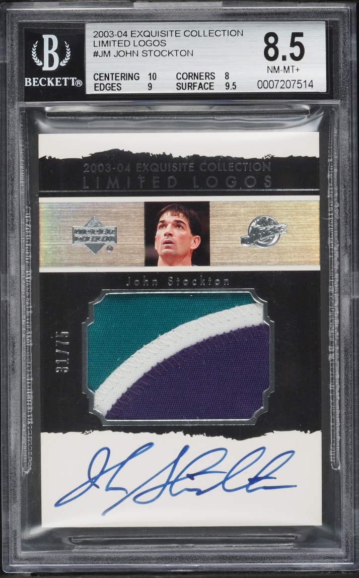2003 Exquisite Collection Limited Logos John Stockton PATCH AUTO /75 #LL-JM BGS 8.5 NM-MT+
