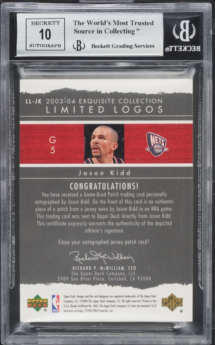 2003 Exquisite Collection Limited Logos Jason Kidd PATCH AUTO /75 #LL-JK BGS 9 MINT