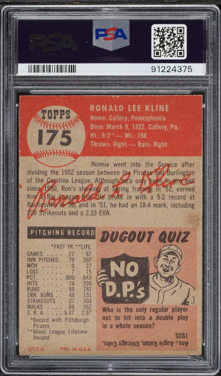 1953 Topps Ron Kline #175 PSA 6 EXMT