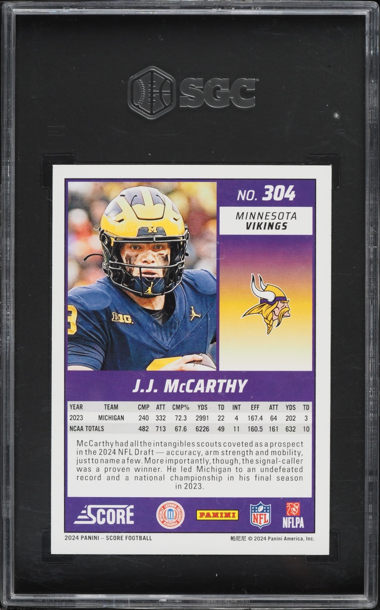 2024 Score Football JJ Mccarthy ROOKIE #304 SGC 9.5 MINT+
