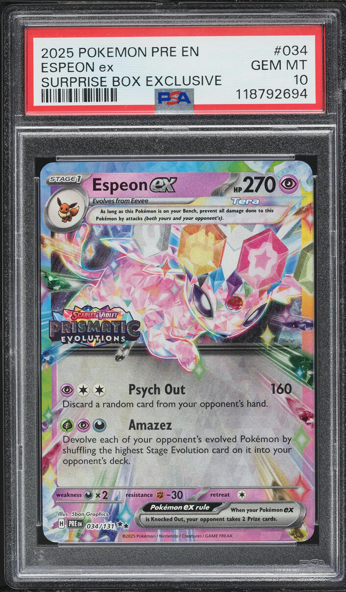 2025 Pokemon Scarlet & Violet Prismatic Evolutions Surprise Box Espeon ex #34 PSA 10 GEM MINT