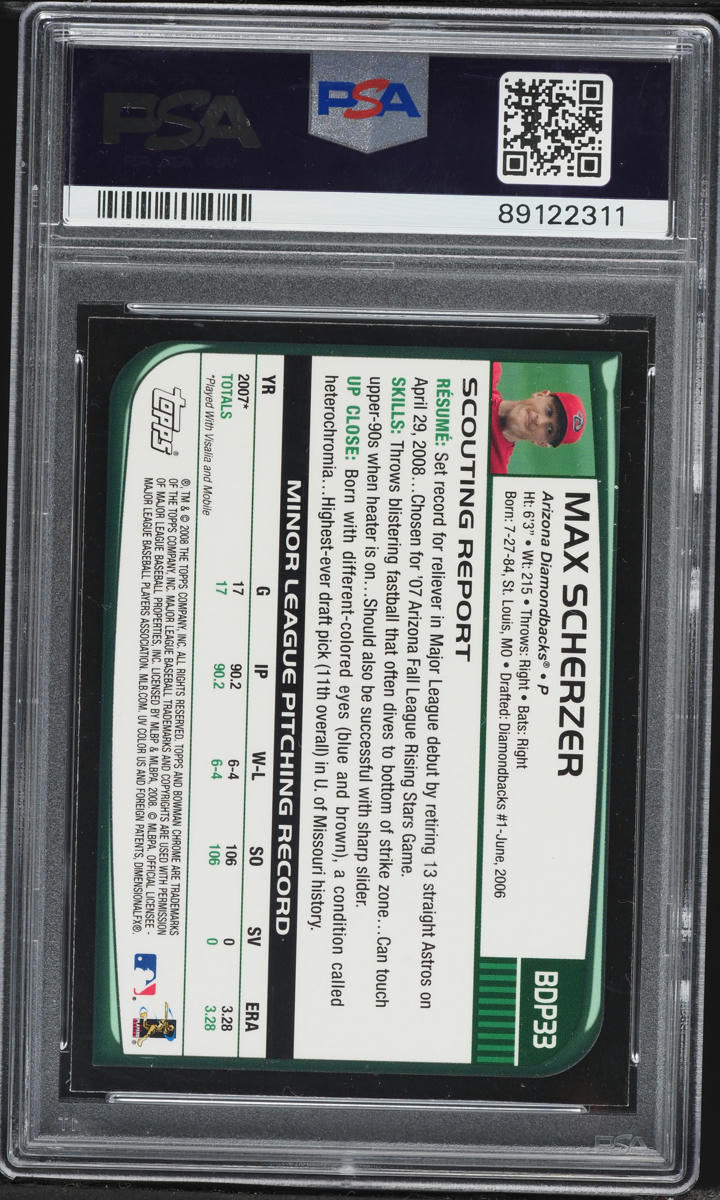 2008 Bowman Chrome Draft Max Scherzer ROOKIE #BDP33 PSA 10 GEM MINT
